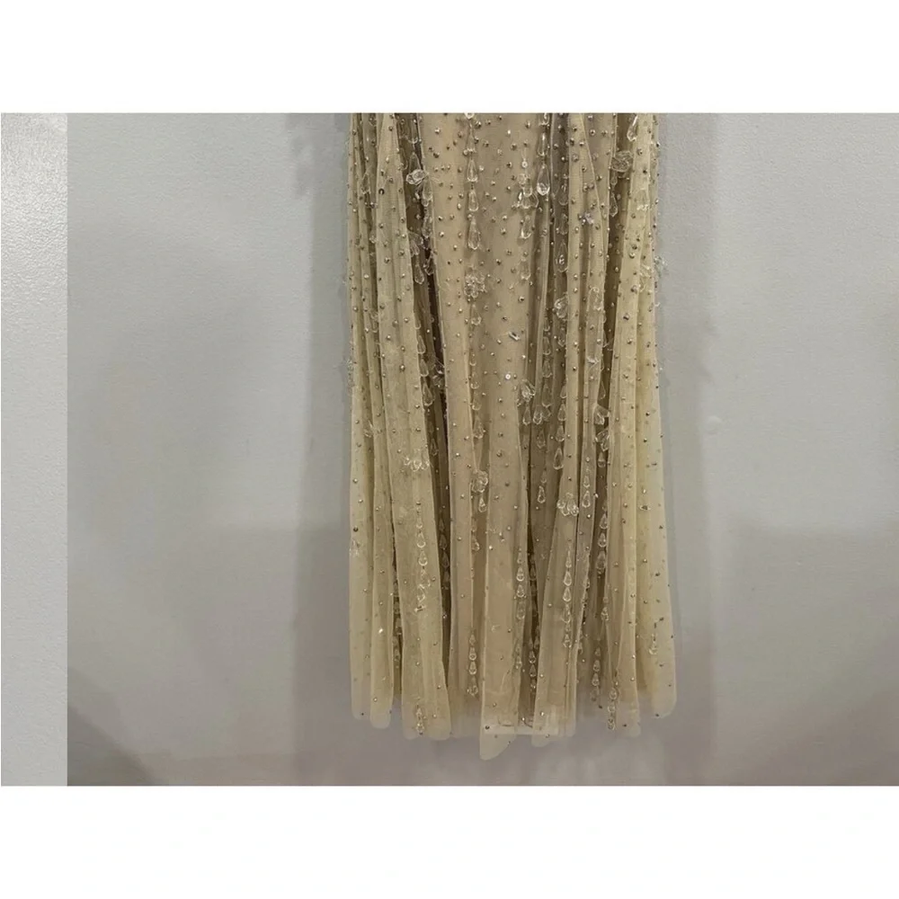 Mac Duggal 10101 Nude Silver V-Neck Column Gown with Fringe Embellishments Sz 0 - Picture 7 of 12
